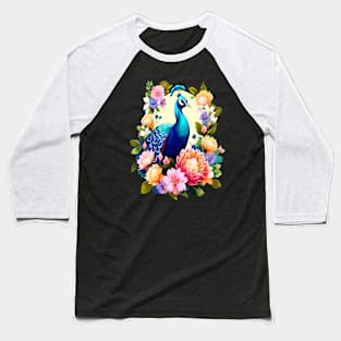 A Cute Peacock Surrounded by Bold Vibrant Spring Flowers Baseball T-Shirt